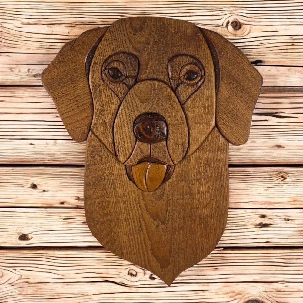 Handcrafted Carved Wood Labrador Retriever Dog Plaque Hanging Art 16x12 Signed